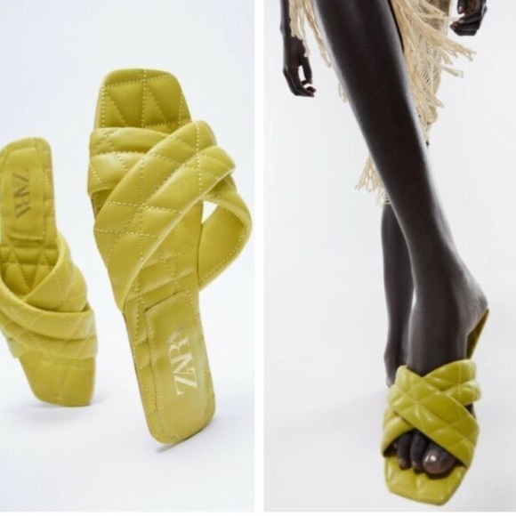 Zara BLOGGERS FAVORITE Lime Green Quilted Flat Sandals - Picture 3 of 10